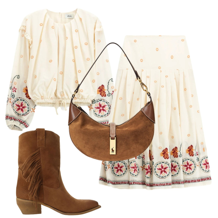 Outfit donna - Total look #2396344. Stile Boho per Tutti i giorni. Abbinamento con stivali, gonne lunghe, bluse, borse a spalla.