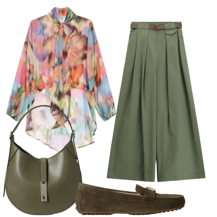 Outfit donna - Total look #2396349. Stile Romantica per Ufficio. Abbinamento con pantaloni a palazzo, bluse, borse a spalla, mocassini.