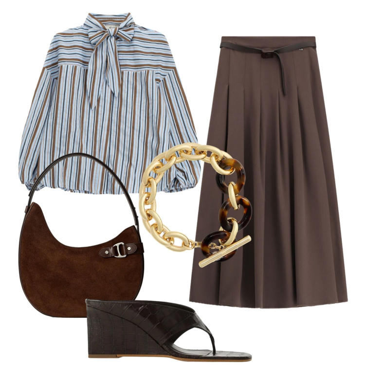 Outfit donna - Total look #2396352. Stile Bon Ton per Ufficio. Abbinamento con gonne lunghe, bluse, sandali, braccialetti, borse a spalla.
