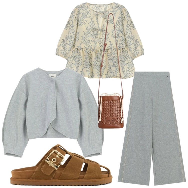 Outfit donna - Fiocchi e cardigan. Stile Casual per Tutti i giorni. Abbinamento con borse a secchiello, bluse, cappotti, pantaloni a palazzo, sandali in pelle.
