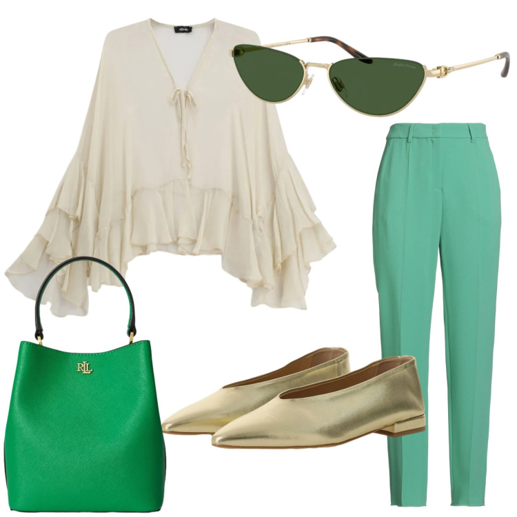 Outfit donna - Blusa con volant. Stile Boho per Tutti i giorni. Abbinamento con pantaloni, ballerine, bluse, borse a secchiello, occhiali da sole.