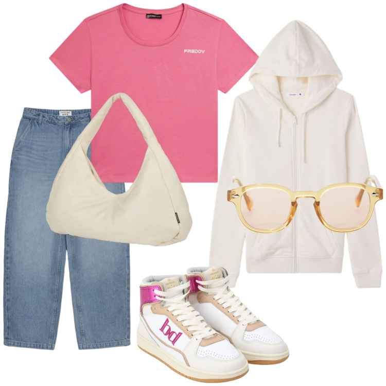 Outfit donna - Oggi all\'università. Stile Urban per Scuola/Università. Abbinamento con jeans dritti, felpe con cappuccio, occhiali da sole, sneakers alte, borse a spalla, t-shirt.