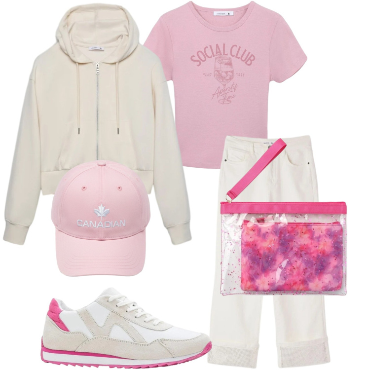 Outfit donna - Oggi Social Club. Stile Urban per Tutti i giorni. Abbinamento con sneakers, pochette, felpe con cappuccio, t-shirt, jeans, berretti.
