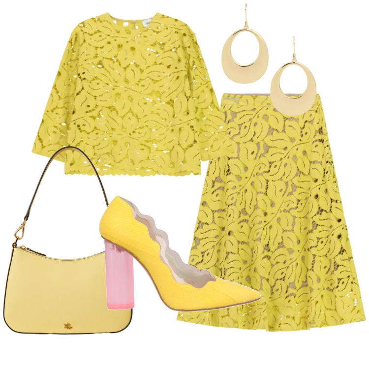 Outfit donna - Total look #2396363. Stile Bon Ton per Cerimonia. Abbinamento con décolleté, gonne longuette, top, borse a spalla, orecchini.