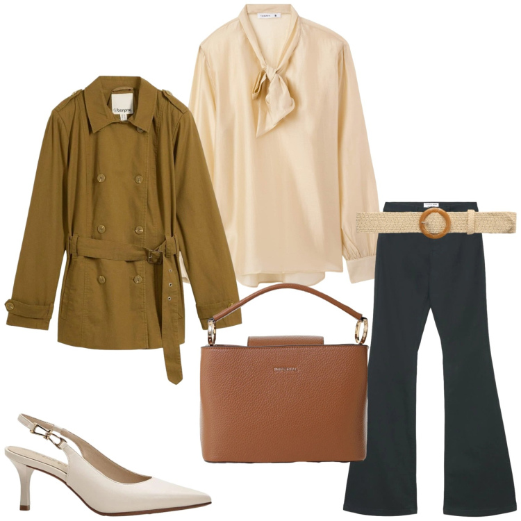 Outfit donna - Outfit per l\'ufficio: primavera 2026. Stile Casual chic per Ufficio. Abbinamento con décolleté, trench, bluse, jeans a zampa, cinture, borse a secchiello.