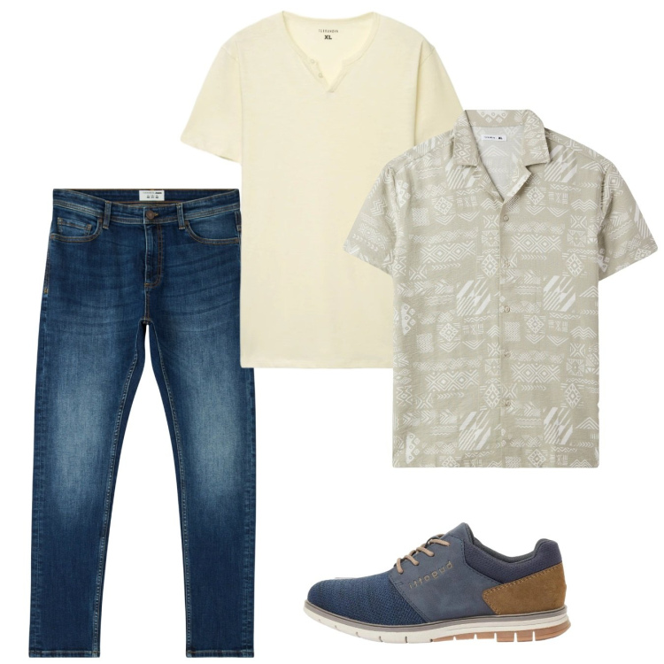 Outfit uomo - Quasi estate. Stile Casual per Tutti i giorni. Abbinamento con scarpe stringate, jeans skinny, camicie a manica corta, t-shirt.