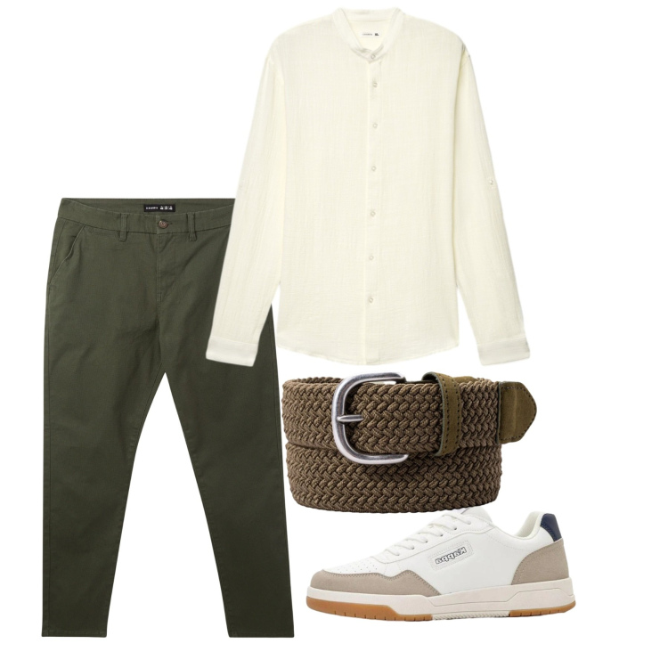 Outfit uomo - Maggio. Stile Casual per Tutti i giorni. Abbinamento con sneakers, camicie, pantaloni chino, cinture.