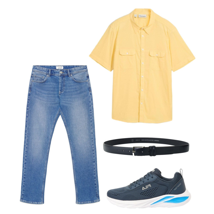 Outfit uomo - Maggio. Stile Casual per Tutti i giorni. Abbinamento con camicie a manica corta, sneakers, jeans, cinture.