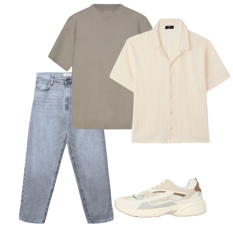 Outfit uomo - Maggio in neutri. Stile Casual per Tutti i giorni. Abbinamento con jeans, sneakers, camicie a manica corta, t-shirt.