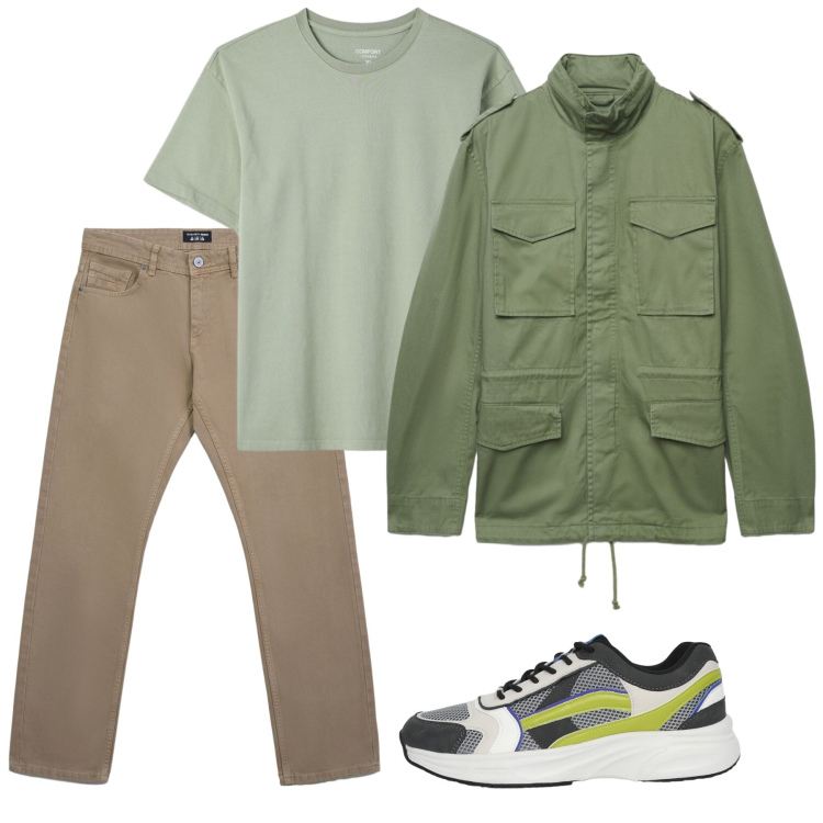 Outfit uomo - Sahariana per la sera. Stile Casual per Tutti i giorni. Abbinamento con jeans, sneakers, t-shirt, cappotti.