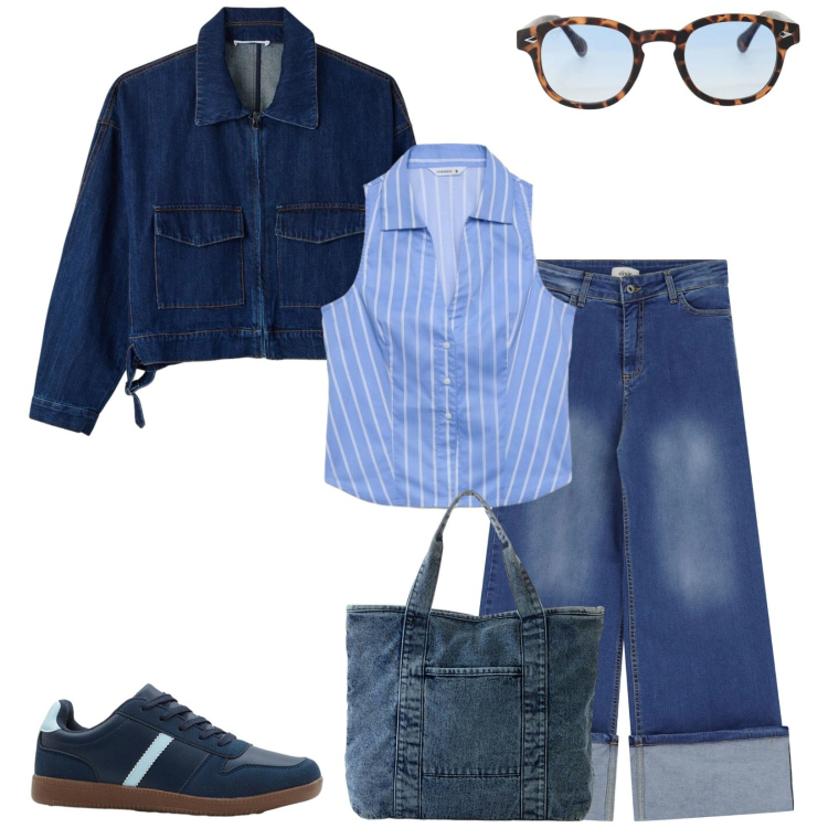 Outfit donna - Total look #2396390. Stile Casual per Tutti i giorni. Abbinamento con shopping bag, sneakers, cappotti, camicie a manica corta, jeans dritti, occhiali da sole.