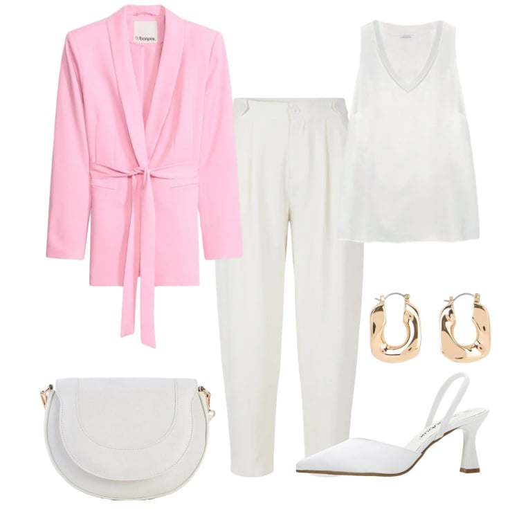 Outfit donna - Invitata alla festa. Stile Chic per Cerimonia. Abbinamento con blazer, borse a tracolla, décolleté, orecchini, pantaloni, top.