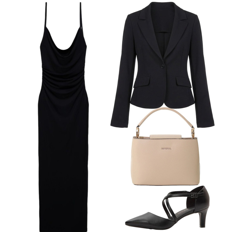 Outfit donna - Total look #2396399. Stile Chic per Serata fuori. Abbinamento con décolleté, vestiti lunghi, borse a secchiello, blazer.