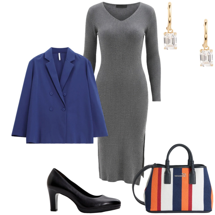 Outfit donna - Total look #2396401. Stile Chic per Ufficio. Abbinamento con décolleté, shopping bag, blazer, vestiti midi/longuette, orecchini.