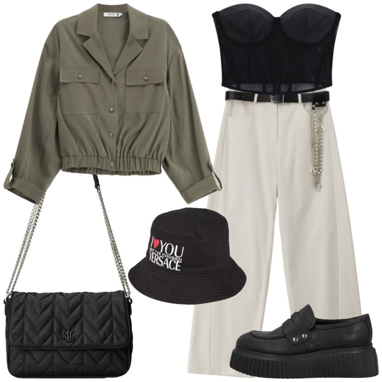 Outfit donna - Giusto al punto. Stile Sporty chic per Tutti i giorni. Abbinamento con mocassini, cappelli, camicie, pantaloni a palazzo, top, borse a tracolla.