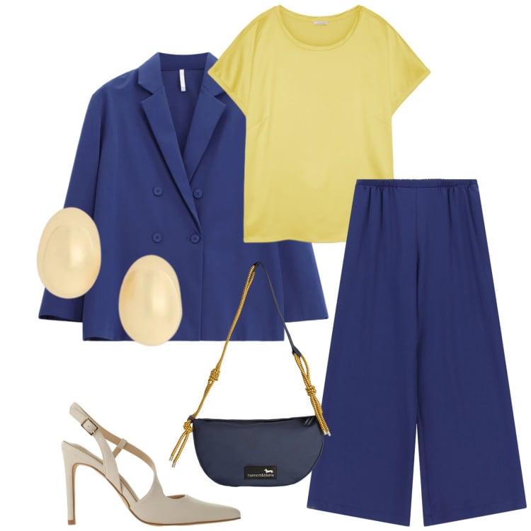 Outfit donna - Total look #2396404. Stile Chic per Ufficio. Abbinamento con borse a tracolla, pantaloni a palazzo, blazer, décolleté, t-shirt, orecchini.