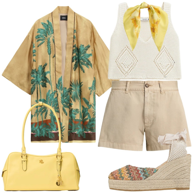 Outfit donna - Passeggiata al mare. Stile Casual chic per Tutti i giorni. Abbinamento con espadrillas, top, blazer, borse a mano, shorts, foulard.