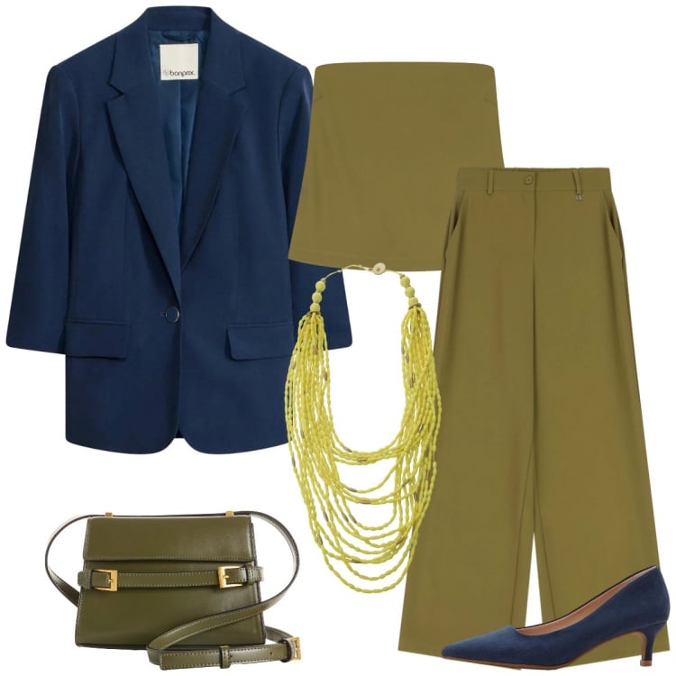 Outfit donna - Il completo trendy. Stile Trendy per Serata fuori. Abbinamento con décolleté, borse a tracolla, blazer, collane, pantaloni a palazzo, top.