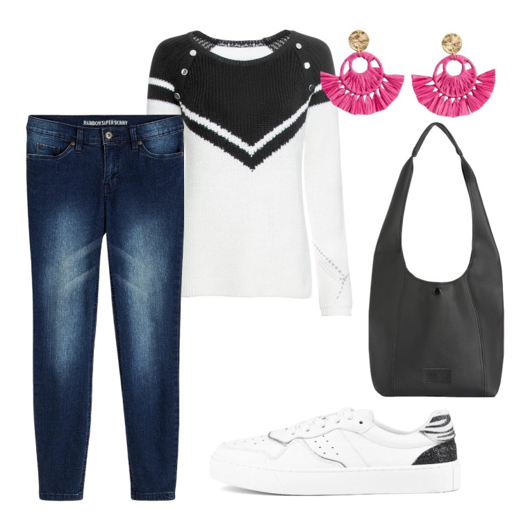 Outfit donna - Il jeans stilosissimo. Stile Basic per Tutti i giorni. Abbinamento con jeans skinny, maglieria, orecchini, borse a spalla, sneakers.