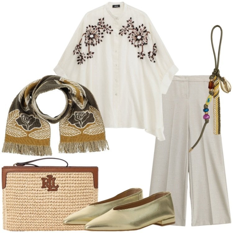Outfit donna - Silhouette fluide e leggere. Stile Etnico per Serata fuori. Abbinamento con sciarpe, pantaloni a palazzo, ballerine, camicie, braccialetti, pochette.