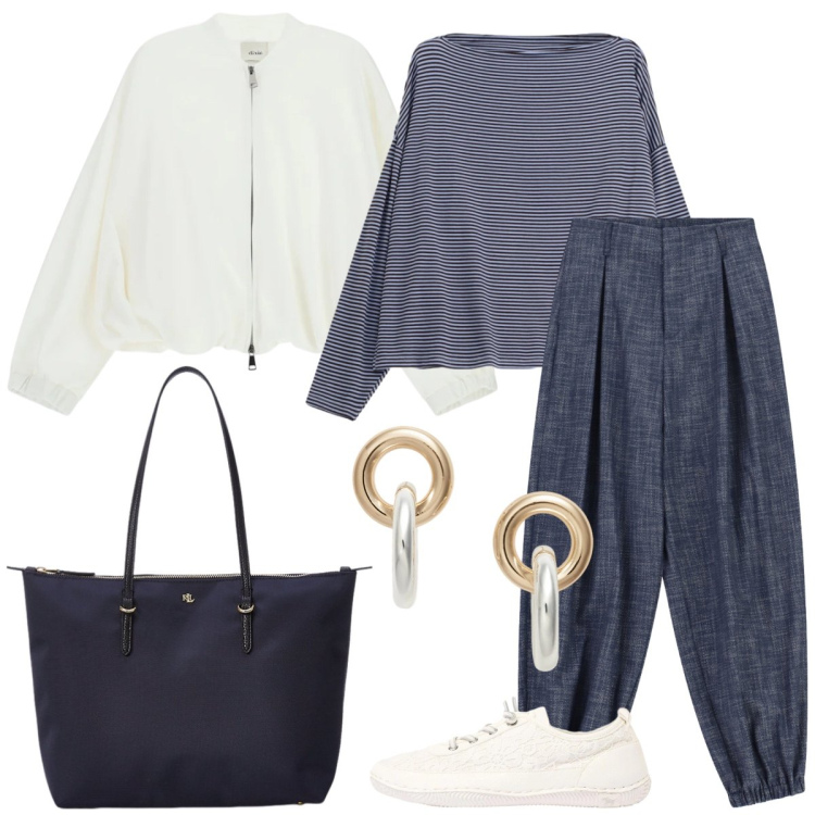 Outfit donna - Passeggiata. Stile Casual chic per Tutti i giorni. Abbinamento con sneakers, pantaloni, bomber, t-shirt, borse tote, orecchini.