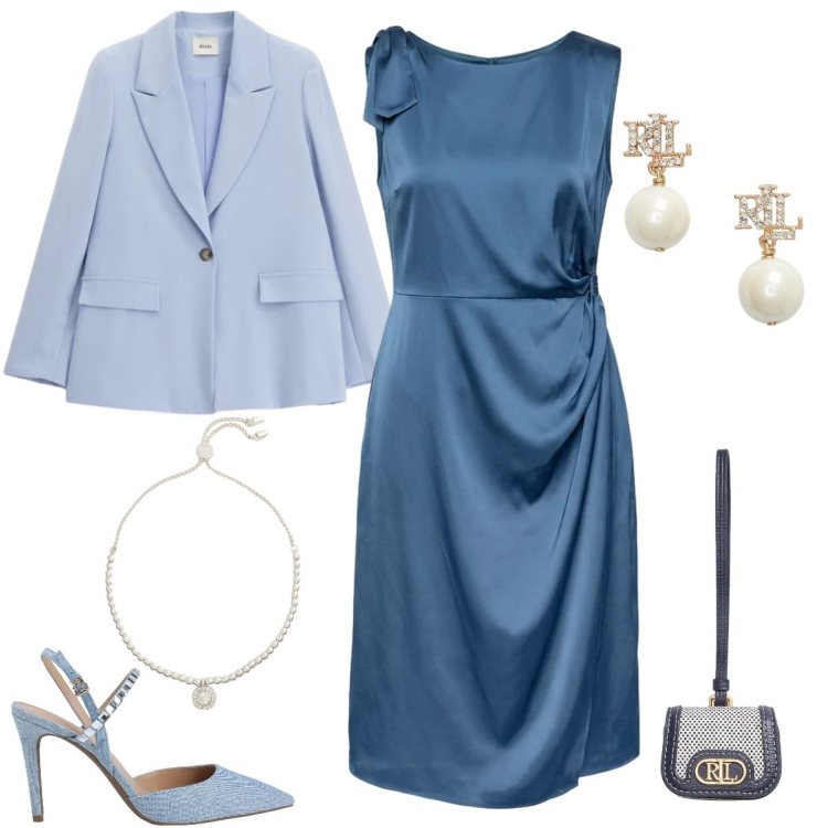 Outfit donna - Silhouette fluide e leggere - Curvy. Stile Chic per Cerimonia. Abbinamento con décolleté, blazer, vestiti, orecchini, braccialetti, pochette.