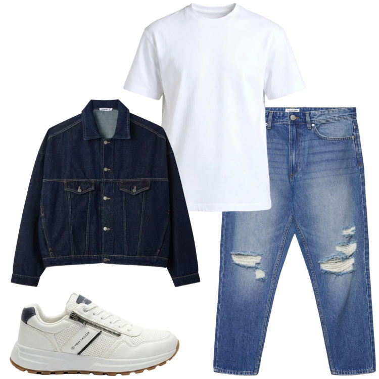 Outfit uomo - Total look #2396436. Stile Urban per Tutti i giorni. Abbinamento con sneakers, cappotti, jeans strappati, t-shirt.