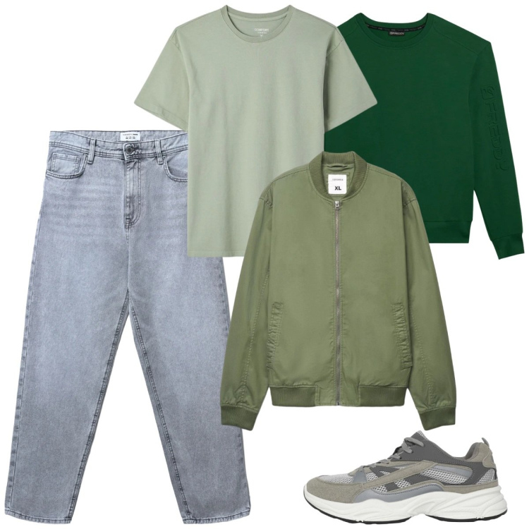 Outfit uomo - Total look #2396438. Stile Casual per Tutti i giorni. Abbinamento con sneakers, jeans, bomber, t-shirt, felpe.