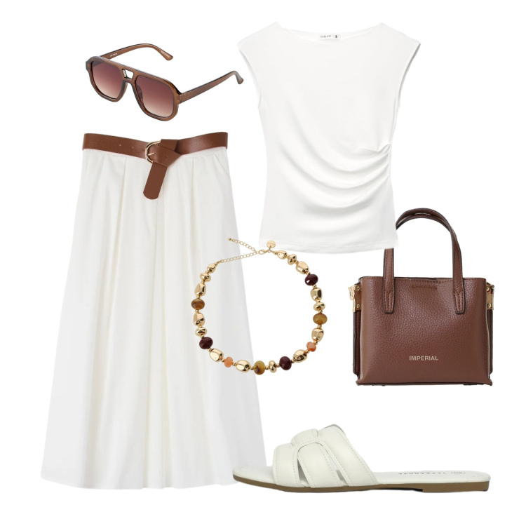 Outfit donna - White & chocolate. Stile Basic per Tutti i giorni. Abbinamento con occhiali da sole, gonne longuette, top, ciabatte, borse a tracolla, collane.