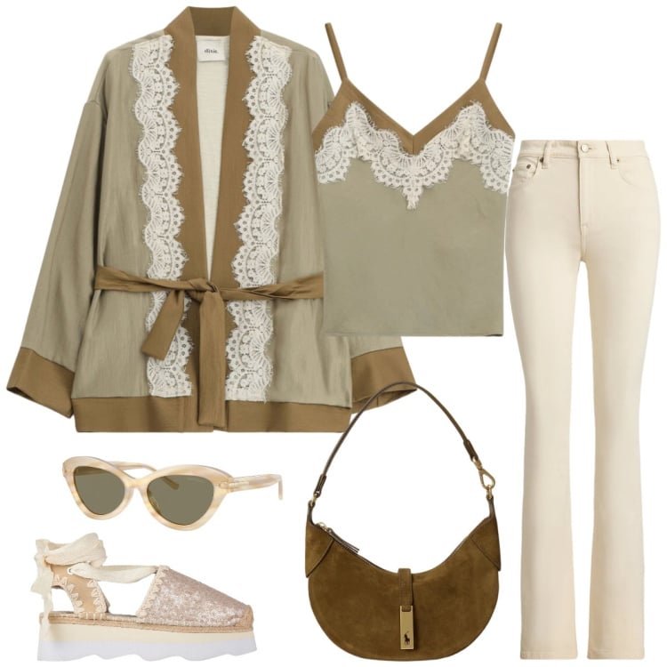 Outfit donna - Pizzo. Stile Casual chic per Tutti i giorni. Abbinamento con décolleté, top, cappotti, occhiali da sole, jeans bootcut, borse a spalla.