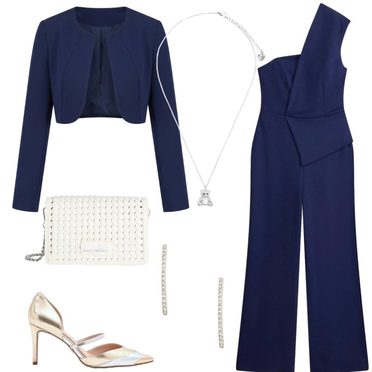 Outfit donna - Cerimonia. Stile Chic per Cerimonia. Abbinamento con tute, borse a tracolla, bolero, décolleté, ciondoli, orecchini.