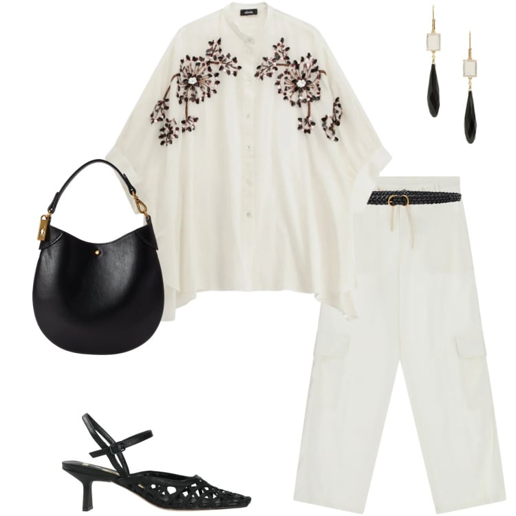 Outfit donna - Camicia protagonista. Stile Casual chic per Serata fuori. Abbinamento con décolleté, camicie, pantaloni cargo, cinture, pochette, orecchini.
