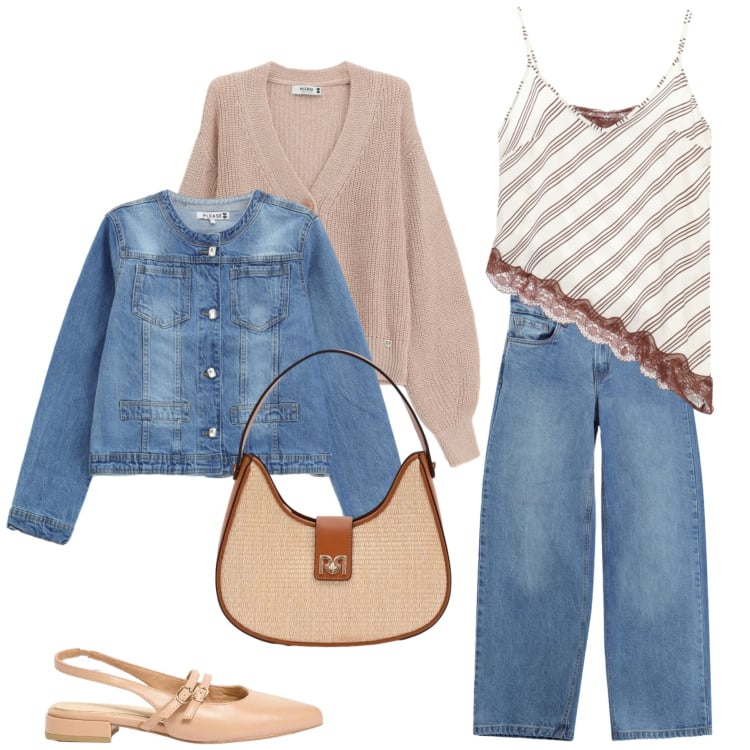 Outfit donna - Un look a strati per la primavera. Stile Casual chic per Tutti i giorni. Abbinamento con ballerine, top, jeans, cardigans, blazer, borse a spalla.