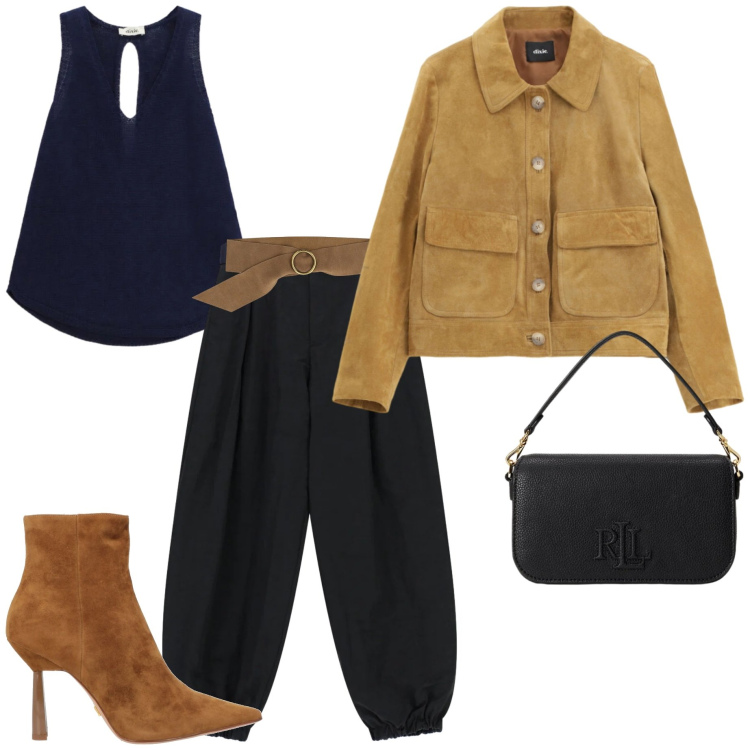 Outfit donna - Serata piovosa. Stile Casual chic per Serata fuori. Abbinamento con stivaletti, pantaloni, giacche, top, cinture, borse a spalla.