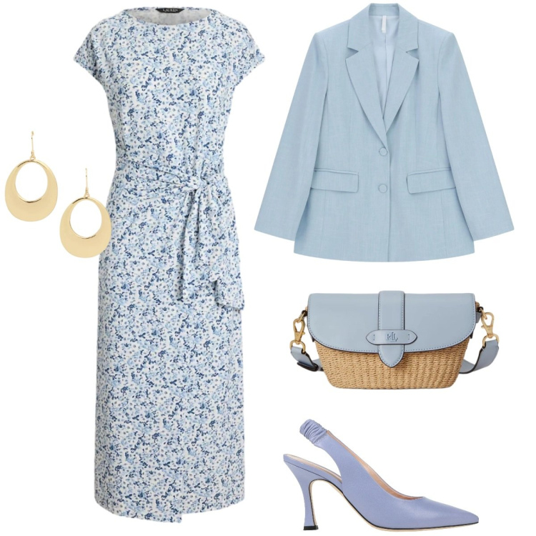 Outfit donna - Punto vita protagonista - Curvy. Stile Romantica per Cerimonia. Abbinamento con décolleté, blazer, borse a spalla, orecchini, vestiti midi/longuette.