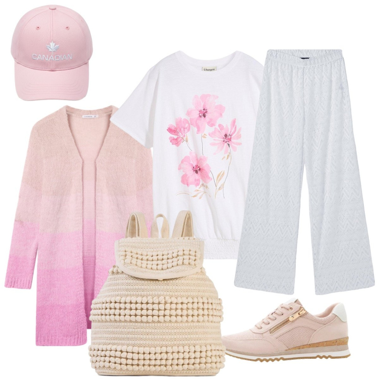 Outfit donna - Fine settimana in viaggio. Stile Preppy per Tutti i giorni. Abbinamento con t-shirt, sneakers, zaini, pantaloni, cardigans, berretti.