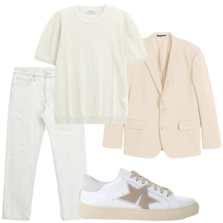 Outfit uomo - ​#panna_e_bianco #minimal_luxury. Stile Casual per Ufficio. Abbinamento con giacche, jeans dritti, t-shirt, sneakers.