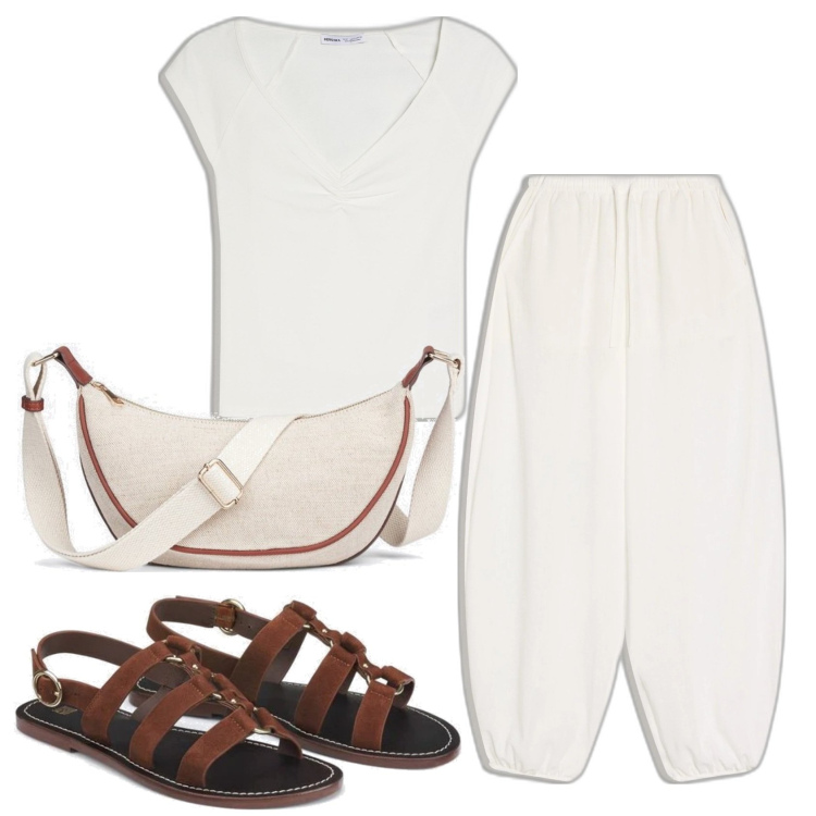 Outfit mujer - Look etnico. Estilo Étnico para Todos los días. Combinación con riñoneras, sandalias de piel, camiseta, pantalones.