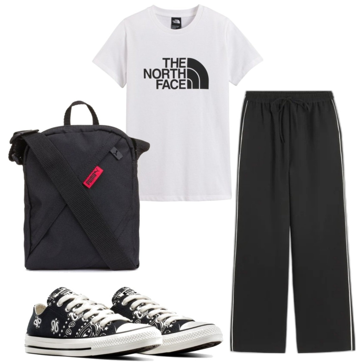 Outfit mujer - Casual. Estilo Casual para Todos los días. Combinación con pantalones, sneakers, bandoleras, camiseta.