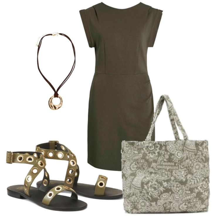 Outfit mujer - Casual. Estilo Casual para Todos los días. Combinación con vestidos largos, sandalias de piel, bolso tote, colgantes.
