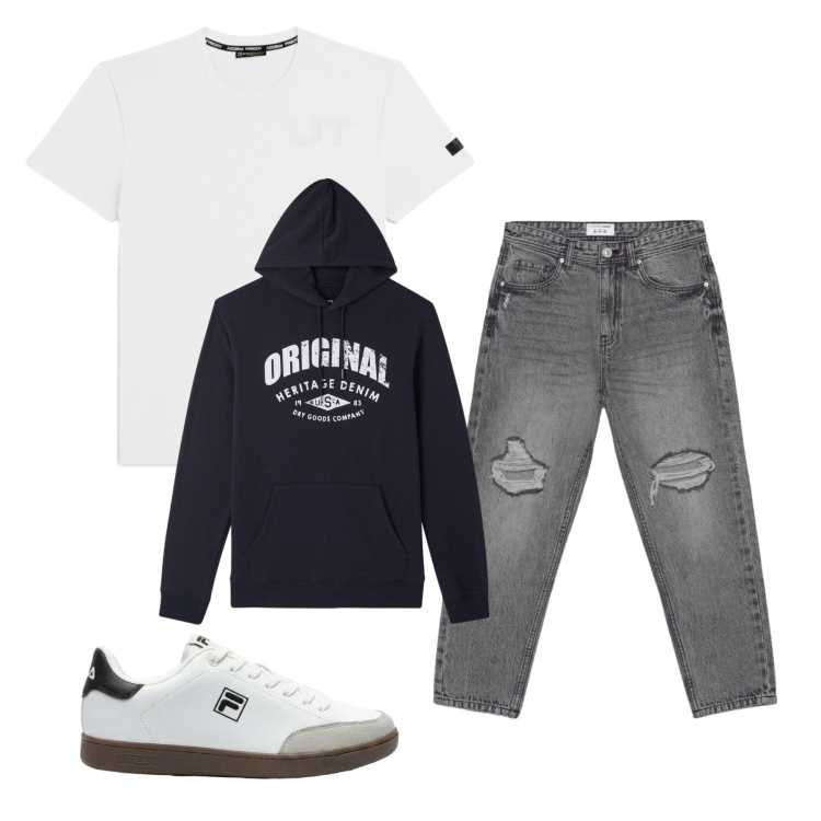 Outfit uomo - Sportivo. Stile Casual per Tutti i giorni. Abbinamento con sneakers, jeans strappati, felpe con cappuccio, t-shirt.