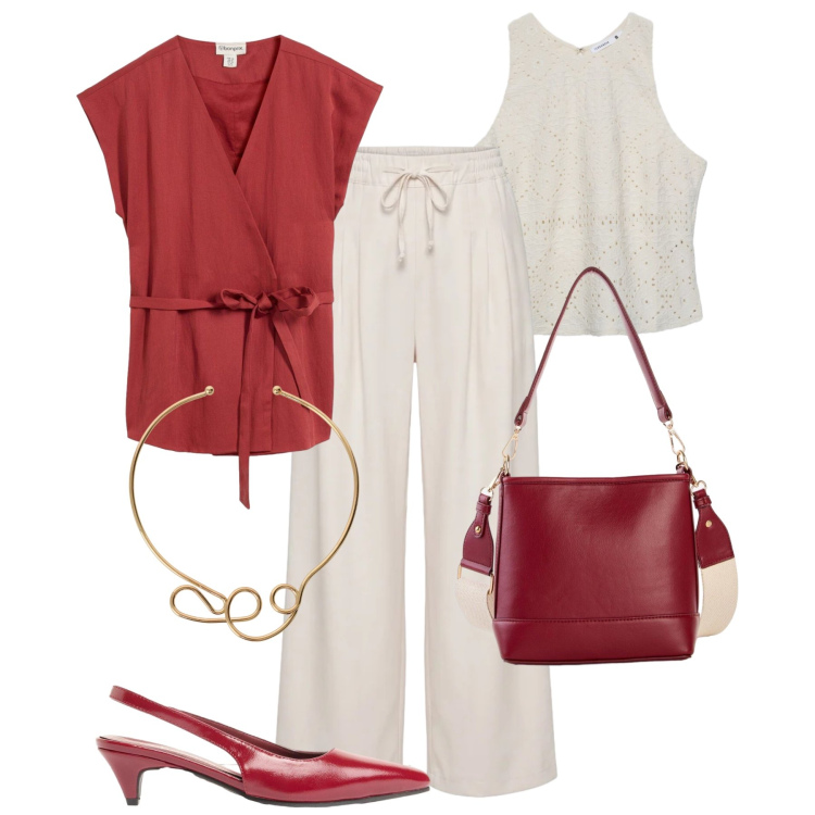 Outfit donna - Fluida e leggera glam. Stile Glamour per Tutti i giorni. Abbinamento con gilet, décolleté, borse a tracolla, pantaloni, top, collane.