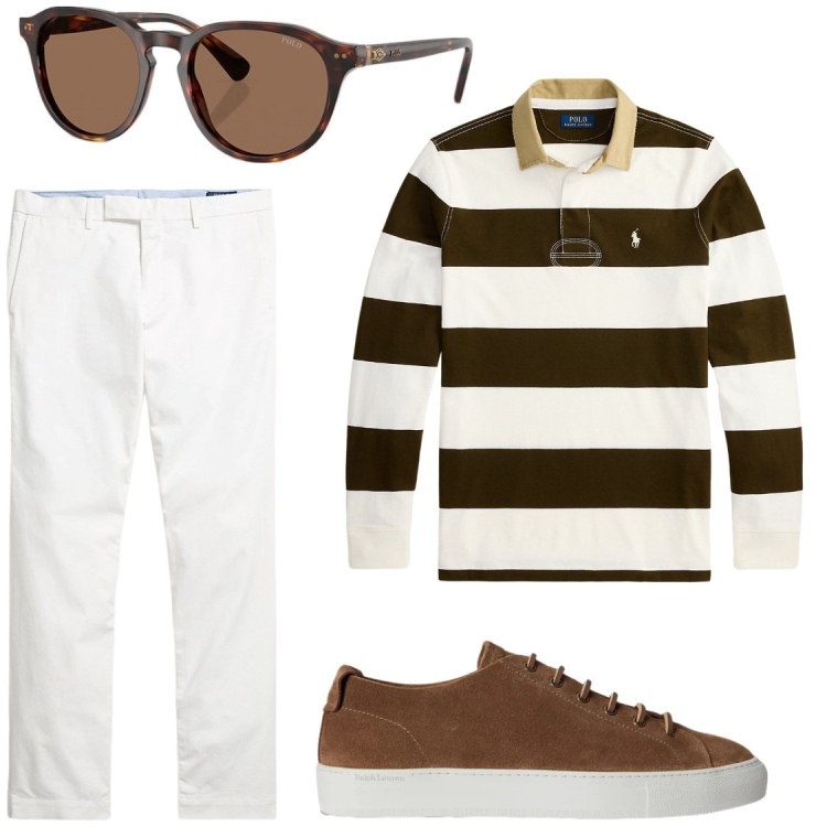 Outfit uomo - Maggio#inizianoPantaloniBianchi. Stile Trendy per Serata speciale. Abbinamento con pantaloni chino, sneakers, occhiali da sole, maglieria.