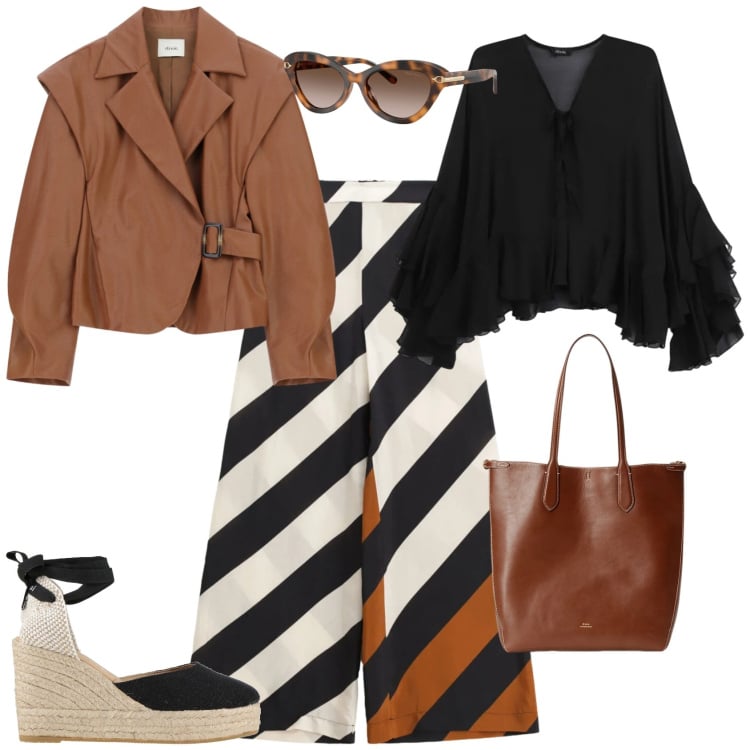 Outfit donna - Casual chic ufficio tempo libero. Stile Casual chic per Tutti i giorni. Abbinamento con espadrillas, pantaloni a palazzo, blazer, bluse, borse tote, occhiali da sole.