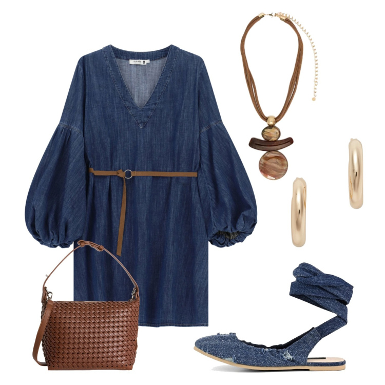 Outfit donna - Vestito in denim. Stile Trendy per Tutti i giorni. Abbinamento con borse a spalla, vestiti corti, ciondoli, orecchini, ballerine.