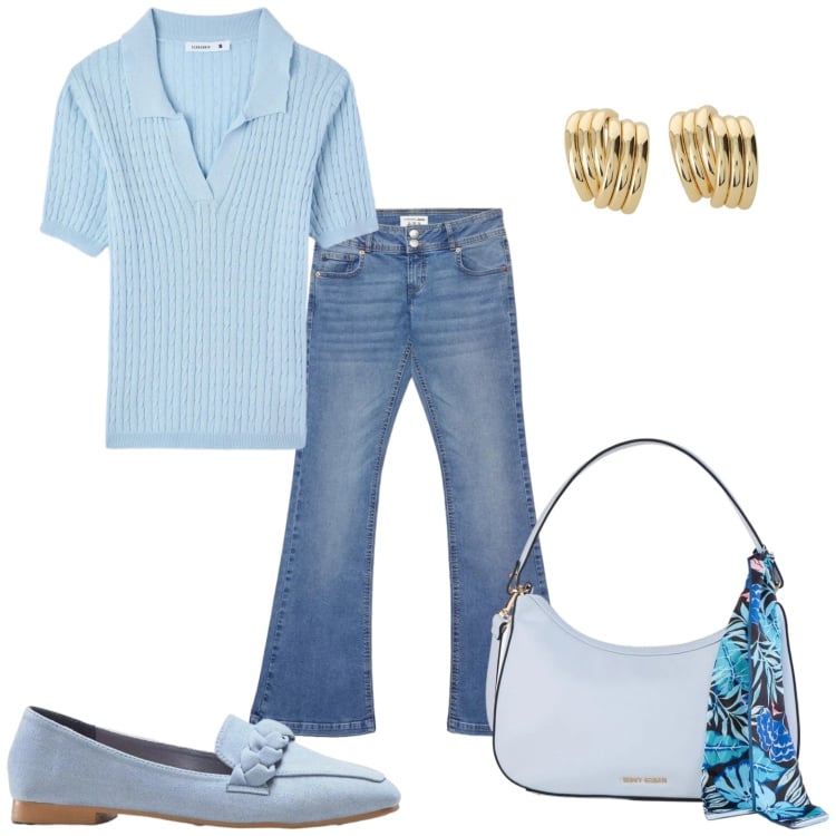 Outfit donna - Tutto per un giorno. Stile Bon Ton per Tutti i giorni. Abbinamento con mocassini, borse a mano, jeans a zampa, polo, orecchini.