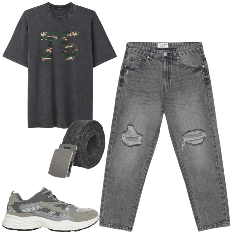 Outfit uomo - City. Stile Casual per Tutti i giorni. Abbinamento con sneakers, cinture, jeans strappati, t-shirt.