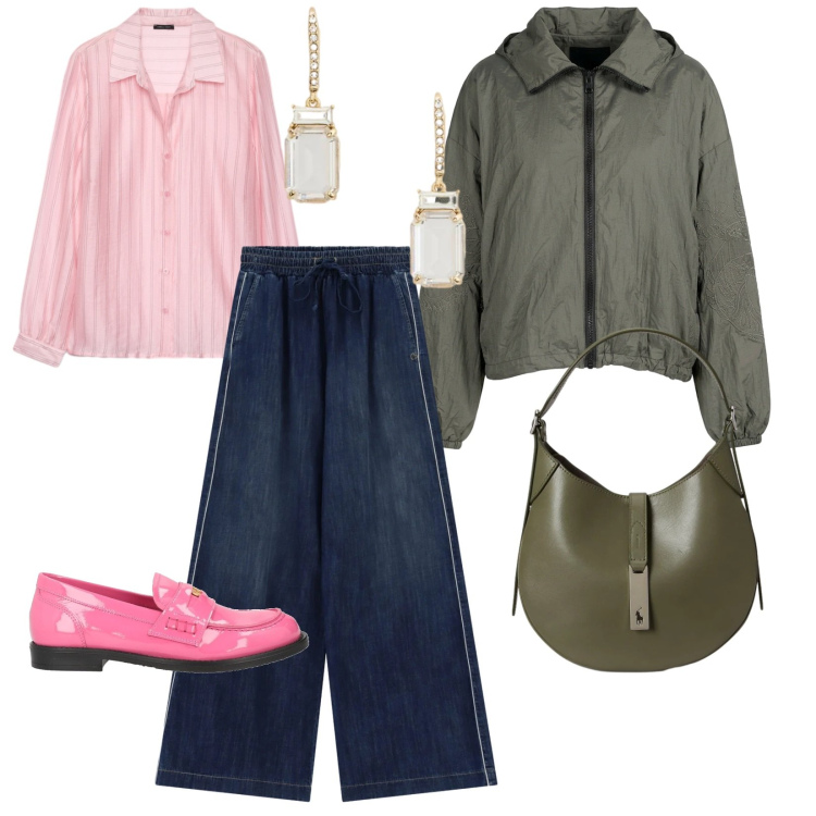 Outfit donna - Mocassini rosa. per Tutti i giorni. Abbinamento con mocassini, jeans, camicie, blazer, orecchini, borse a spalla.