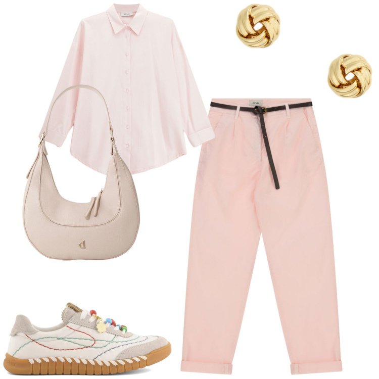 Outfit donna - Total look #2396519. Stile Casual chic per Tutti i giorni. Abbinamento con camicie, borse a tracolla, pantaloni, orecchini, sneakers.