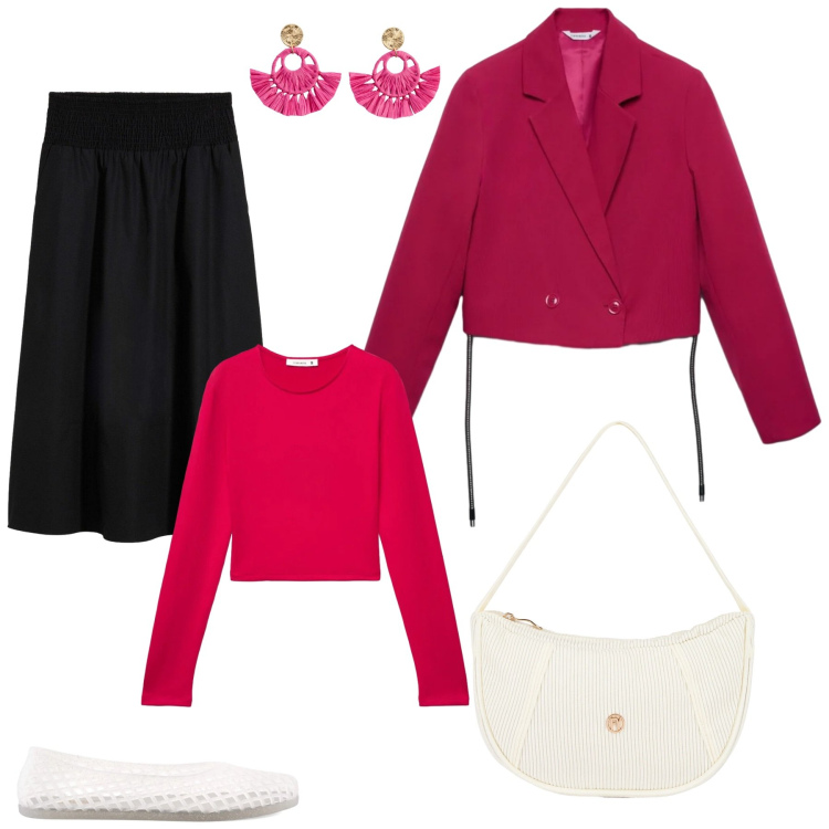 Outfit donna - Serata tra amiche. Stile Casual per Tutti i giorni. Abbinamento con gonne longuette, orecchini, t-shirt, blazer, borse a mano, ballerine.
